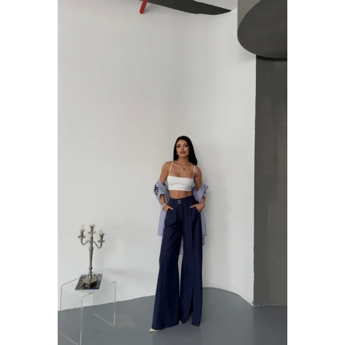 SALAŞ ÖNDEN YIRTMAÇ DETAYLI BEL KEMERLİ PANTOLON - Lacivert