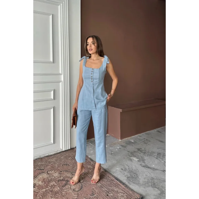 ŞANTUK KETEN YELEK GÖRÜNÜMLÜASKILI BLUZ - PANTOLON TK - Mavi