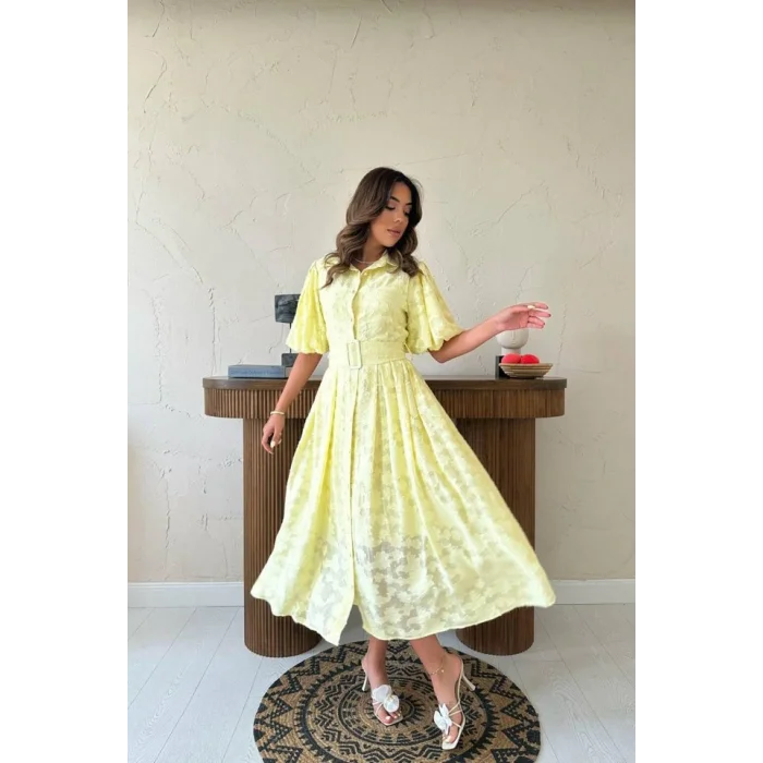 Sarı Kemerli Balon Kollu Elbise