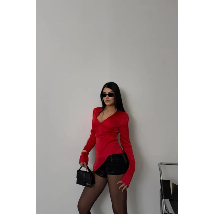 SATEN ANVELOP BLUZ MANŞET KOL - Kırmızı