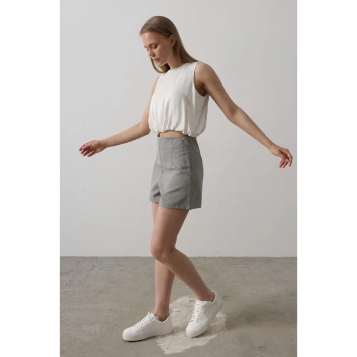 Saten Kolsuz Belki Lastikli Bluz - Ekru