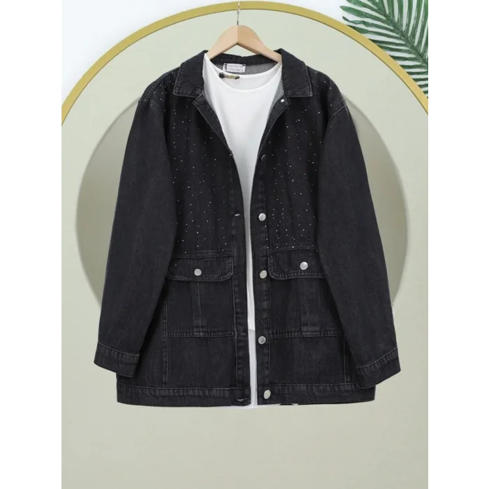 Serpme Taş Detaylı Kapaklı Cepli Kot Ceket -Siyah