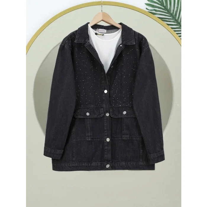 Serpme Taş Detaylı Kapaklı Cepli Kot Ceket -Siyah