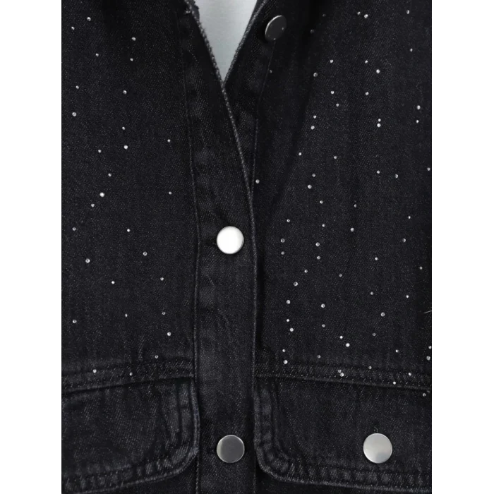 Serpme Taş Detaylı Kapaklı Cepli Kot Ceket -Siyah