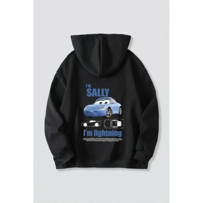 Sevgililer Günü Araba Temalı Baskılı Oversize Kapüşonlu Sweatshirt Hoodie - Siyah