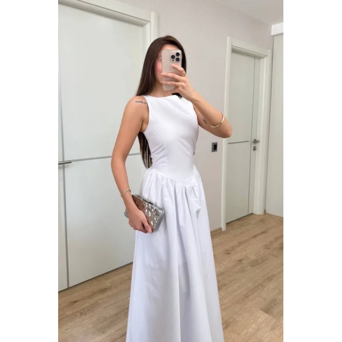 Sifir Kol Beli Oturtmalı Kolsuz Uzun Elbise - Beyaz