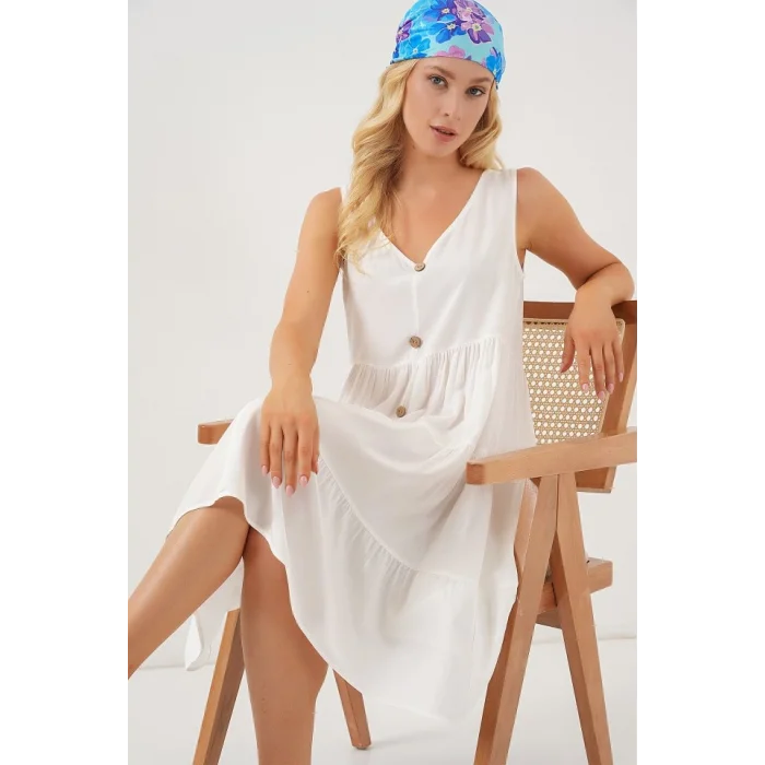 Sıfır Kol Düğmeli Kısa Elbise 2571 - Beyaz