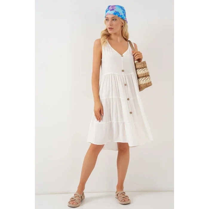 Sıfır Kol Düğmeli Kısa Elbise 2571 - Beyaz