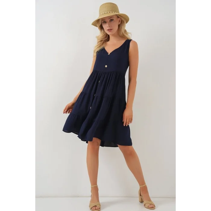 Sıfır Kol Düğmeli Kısa Elbise 2571 - Lacivert