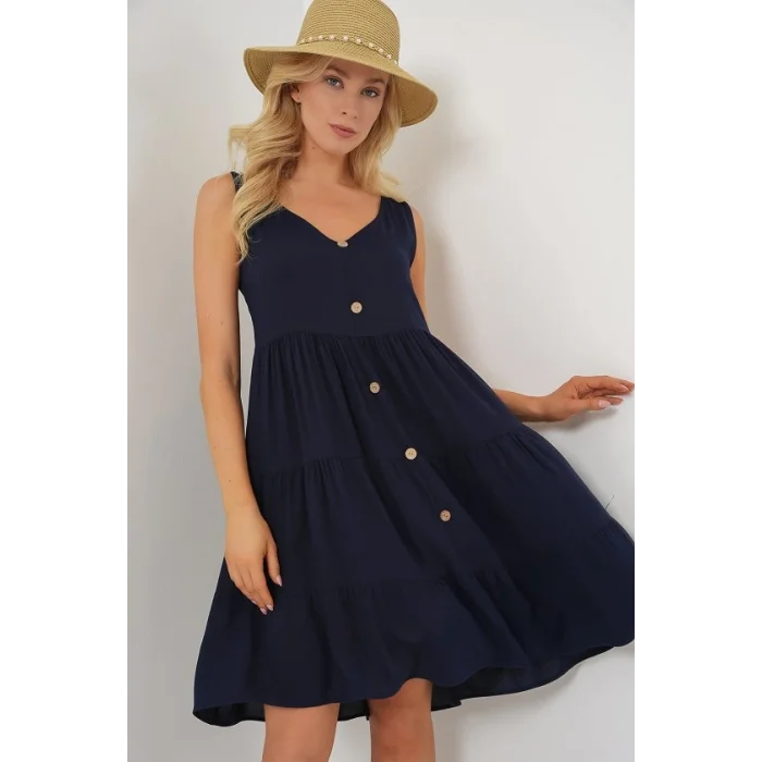 Sıfır Kol Düğmeli Kısa Elbise 2571 - Lacivert