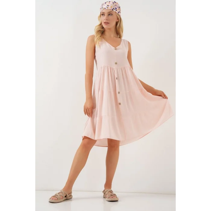 Sıfır Kol Düğmeli Kısa Elbise 2571 - Pudra