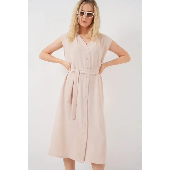 Sıfır Kol Kuşaklı Ayrobin Elbise 2568 - Krem