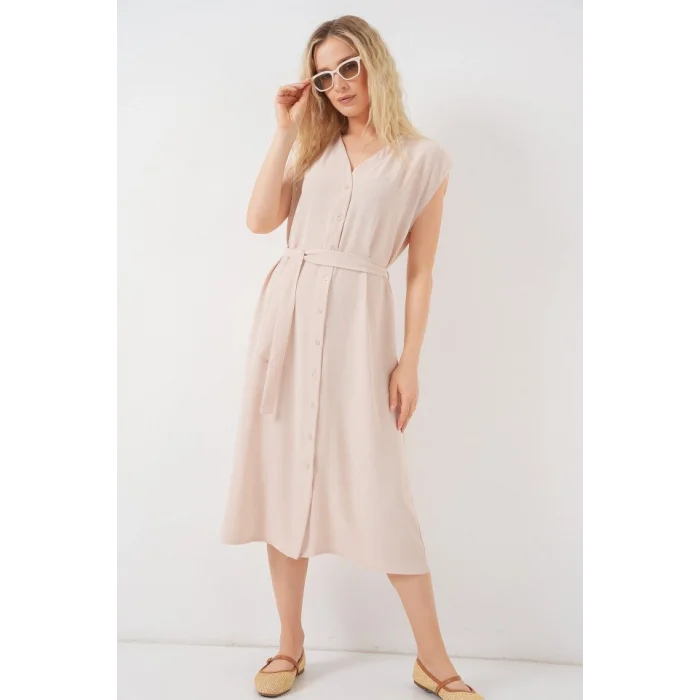 Sıfır Kol Kuşaklı Ayrobin Elbise 2568 - Krem