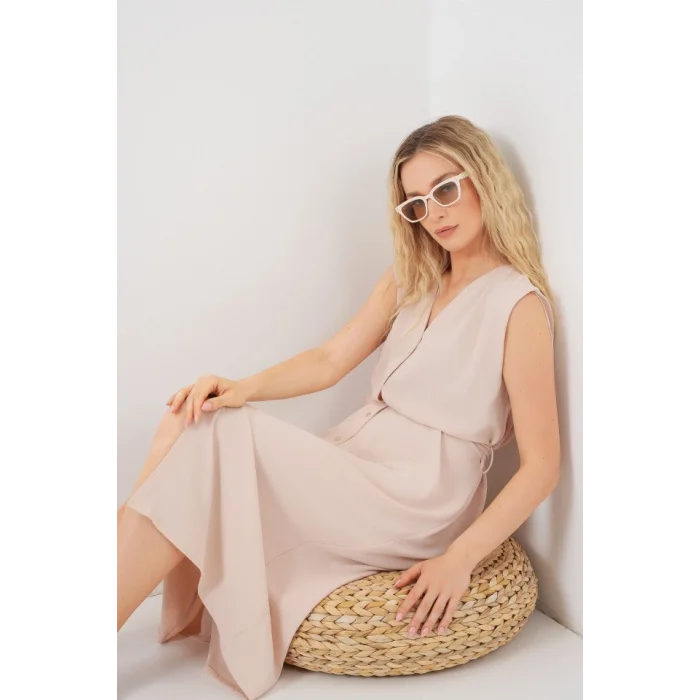 Sıfır Kol Kuşaklı Ayrobin Elbise 2568 - Krem