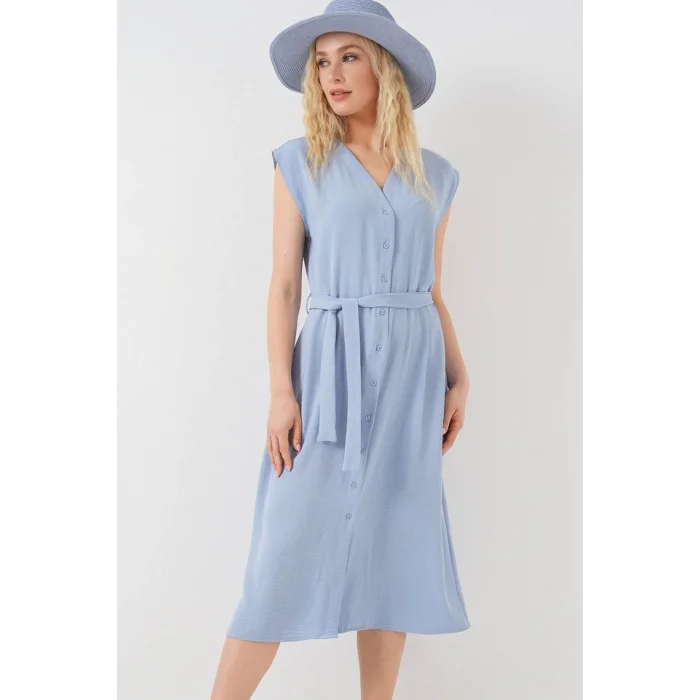 Sıfır Kol Kuşaklı Ayrobin Elbise 2568 - Mavi
