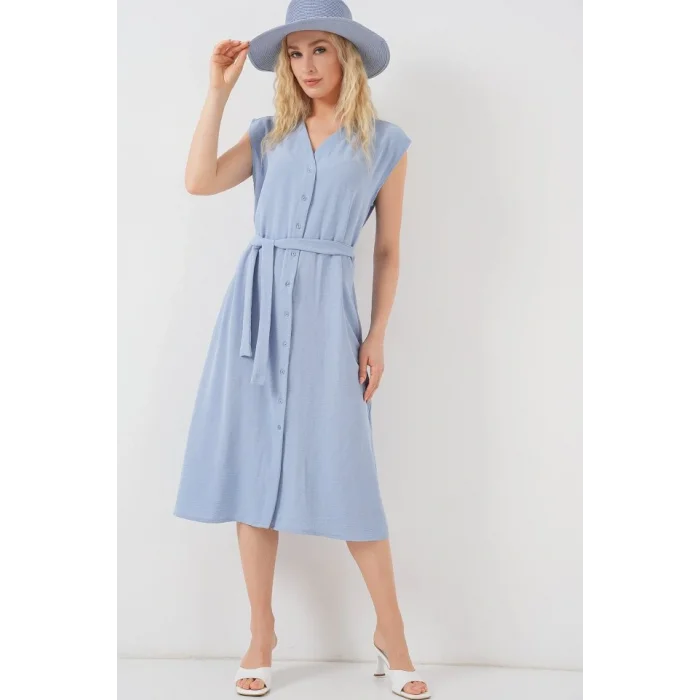 Sıfır Kol Kuşaklı Ayrobin Elbise 2568 - Mavi