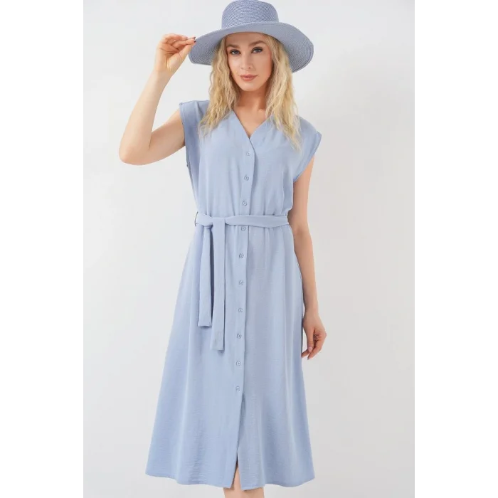 Sıfır Kol Kuşaklı Ayrobin Elbise 2568 - Mavi