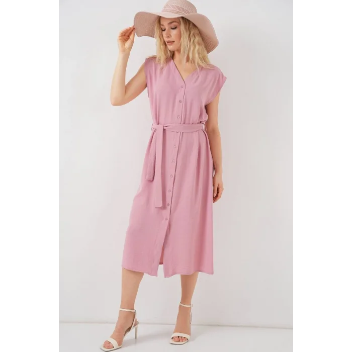 Sıfır Kol Kuşaklı Ayrobin Elbise 2568 - Pudra