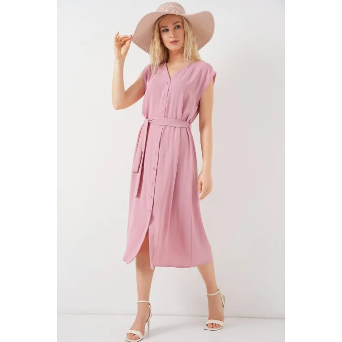 Sıfır Kol Kuşaklı Ayrobin Elbise 2568 - Pudra