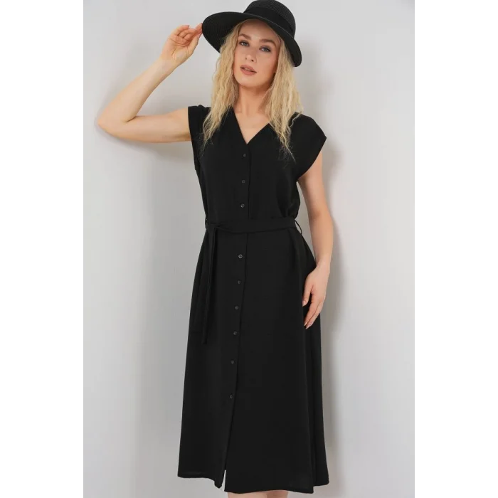 Sıfır Kol Kuşaklı Ayrobin Elbise 2568 - Siyah