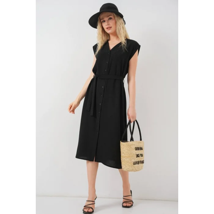 Sıfır Kol Kuşaklı Ayrobin Elbise 2568 - Siyah