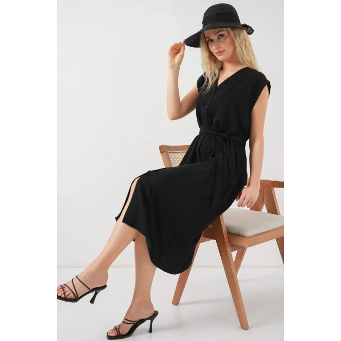 Sıfır Kol Kuşaklı Ayrobin Elbise 2568 - Siyah