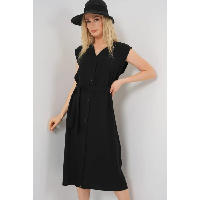 Sıfır Kol Kuşaklı Ayrobin Elbise 2568 - Siyah