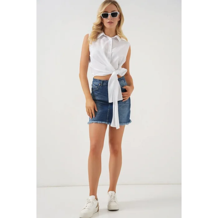 Sıfır Kol Önü Bağlamalı Gömlek 20340 - Beyaz