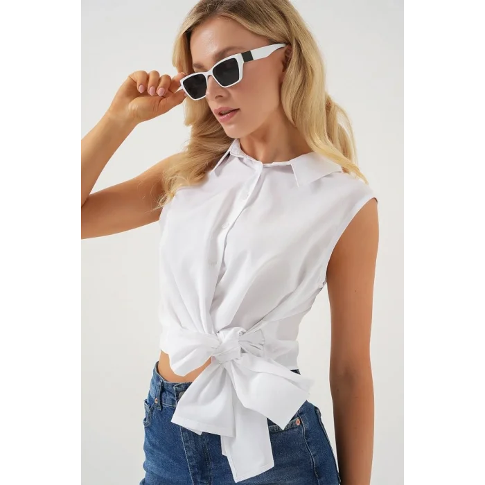 Sıfır Kol Önü Bağlamalı Gömlek 20340 - Beyaz