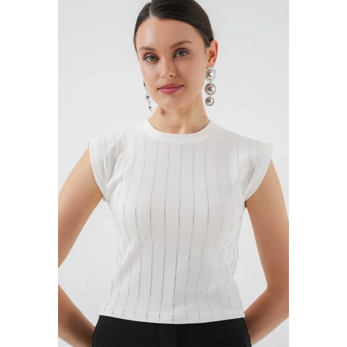 Sıfır Kol Taşlı Bluz 931 - Beyaz