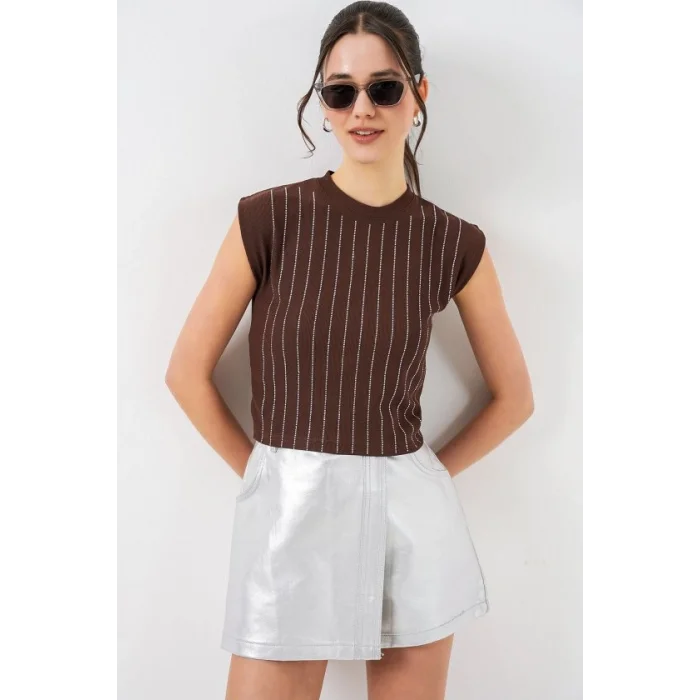 Sıfır Kol Taşlı Bluz 931 - Kahverengi