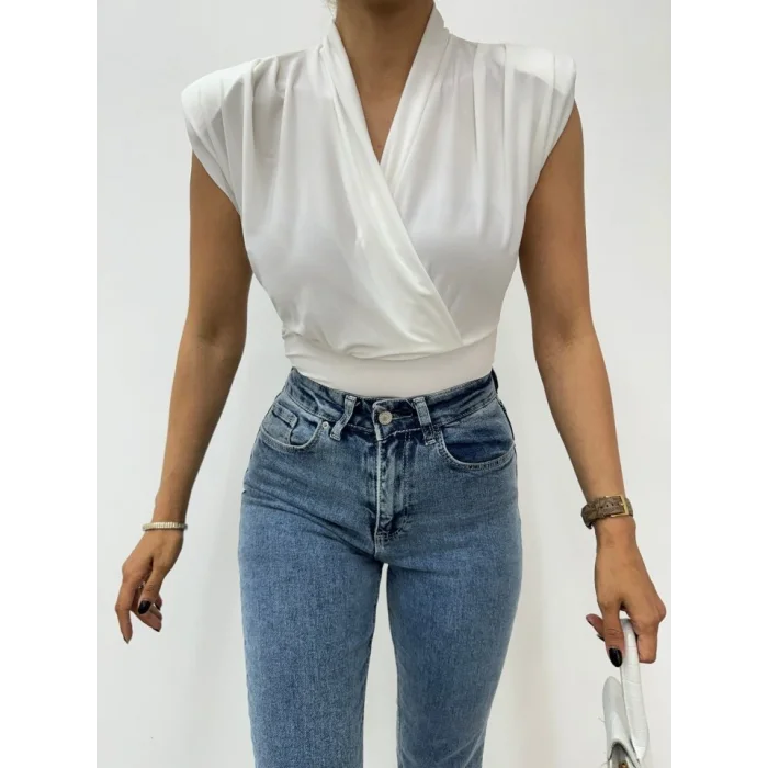 Sıfır Kol Vatkalı Kruvaze Model Sandy Bluz -Beyaz