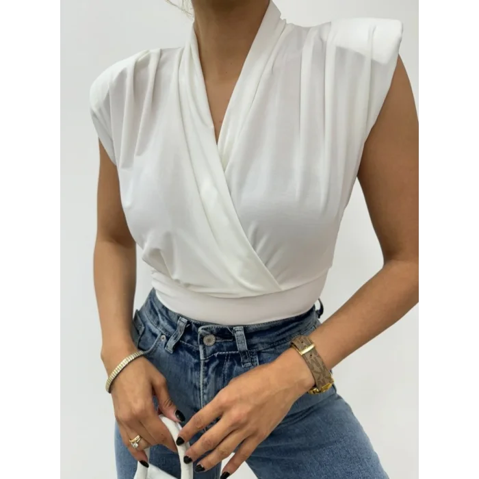 Sıfır Kol Vatkalı Kruvaze Model Sandy Bluz -Beyaz