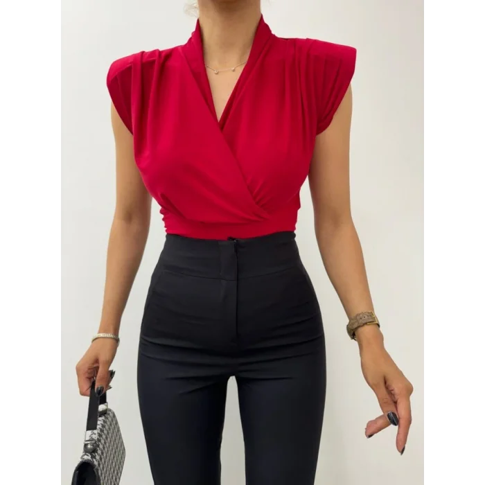 Sıfır Kol Vatkalı Kruvaze Model Sandy Bluz -Bordo