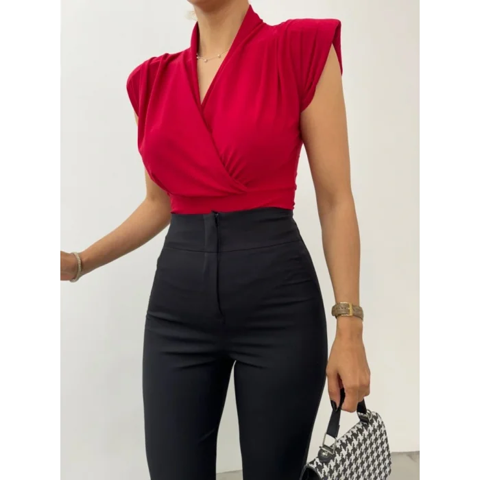 Sıfır Kol Vatkalı Kruvaze Model Sandy Bluz -Bordo