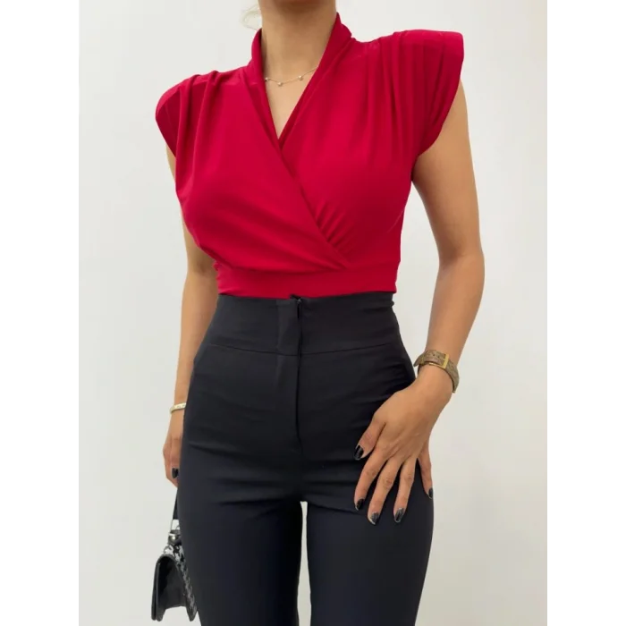 Sıfır Kol Vatkalı Kruvaze Model Sandy Bluz -Bordo