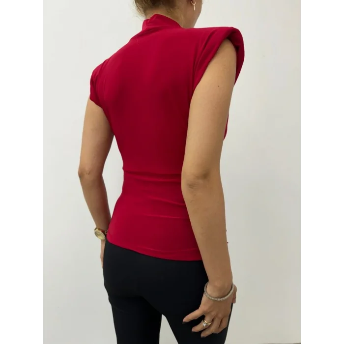 Sıfır Kol Vatkalı Kruvaze Model Sandy Bluz -Bordo