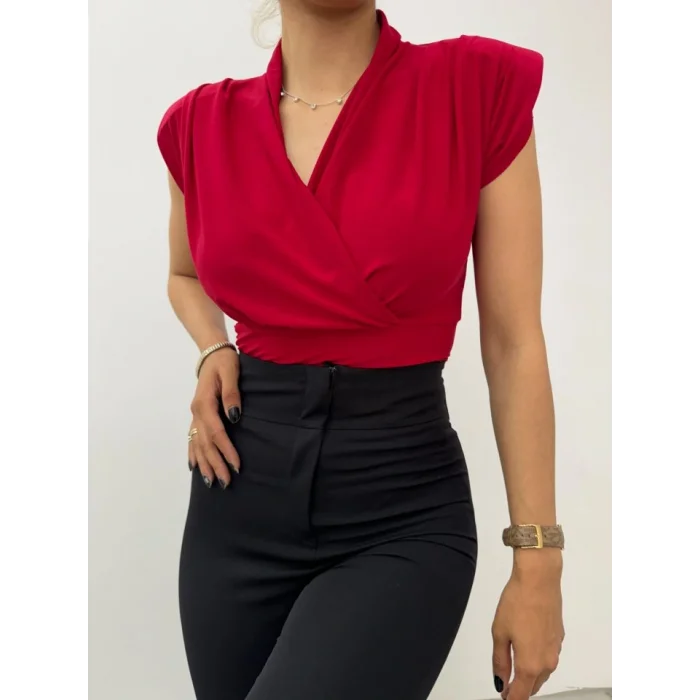 Sıfır Kol Vatkalı Kruvaze Model Sandy Bluz -Bordo