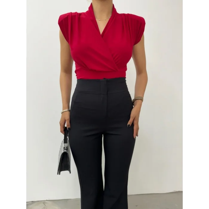 Sıfır Kol Vatkalı Kruvaze Model Sandy Bluz -Bordo