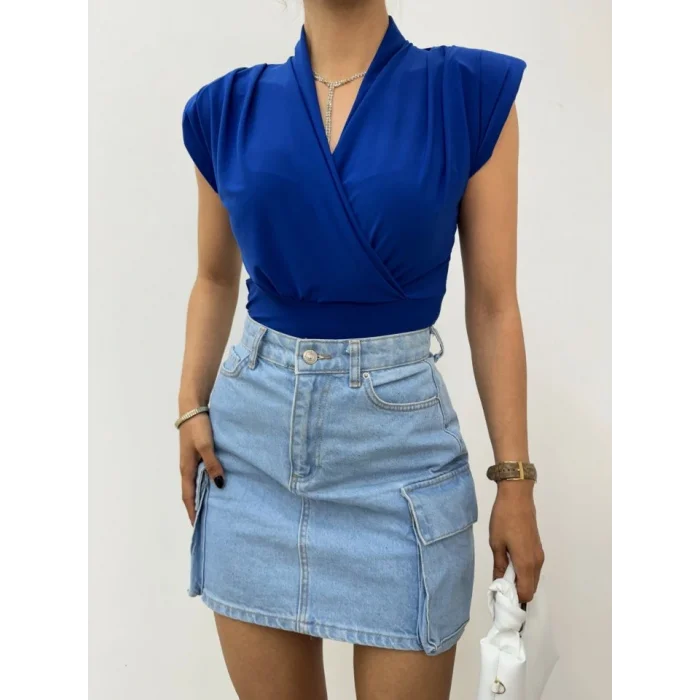 Sıfır Kol Vatkalı Kruvaze Model Sandy Bluz -Saks