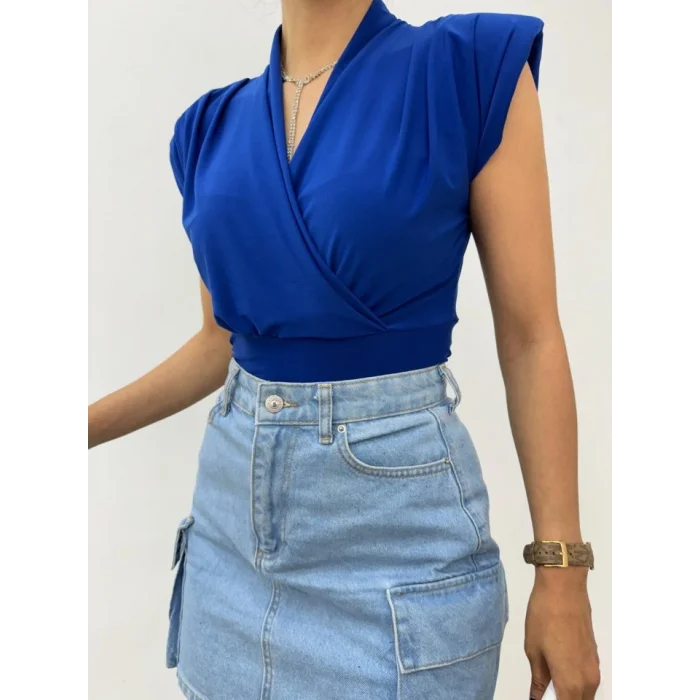 Sıfır Kol Vatkalı Kruvaze Model Sandy Bluz -Saks