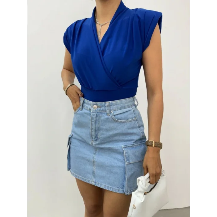 Sıfır Kol Vatkalı Kruvaze Model Sandy Bluz -Saks