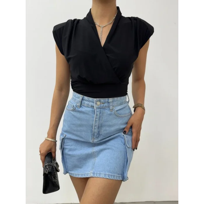 Sıfır Kol Vatkalı Kruvaze Model Sandy Bluz -Siyah