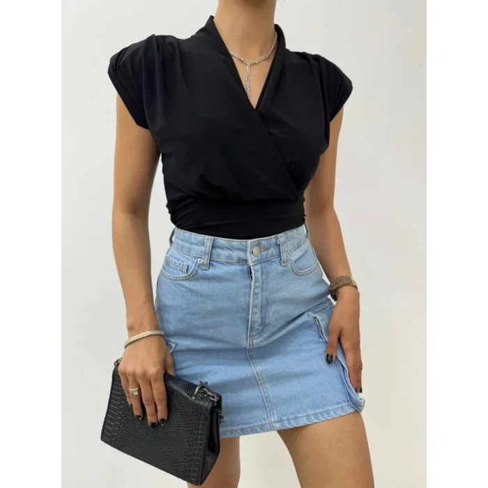 Sıfır Kol Vatkalı Kruvaze Model Sandy Bluz -Siyah