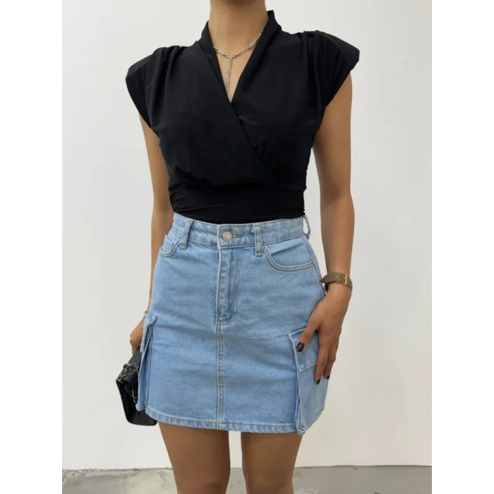 Sıfır Kol Vatkalı Kruvaze Model Sandy Bluz -Siyah