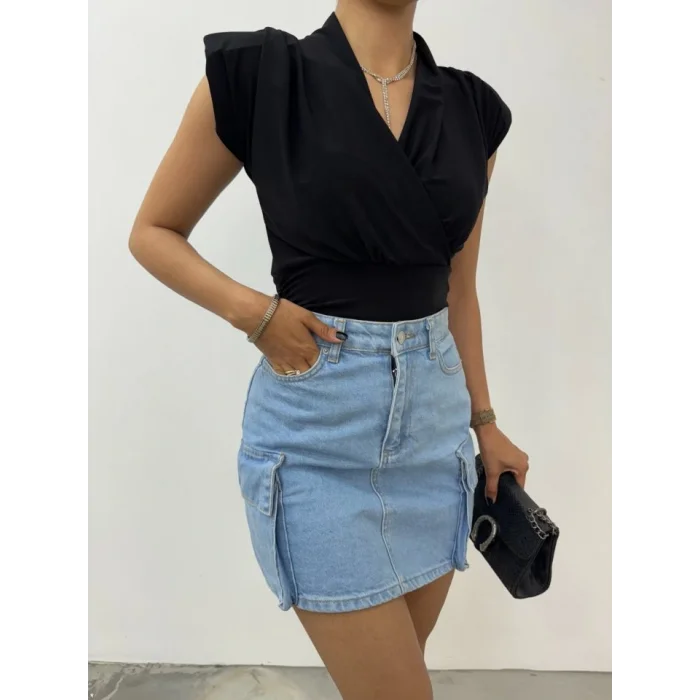 Sıfır Kol Vatkalı Kruvaze Model Sandy Bluz -Siyah