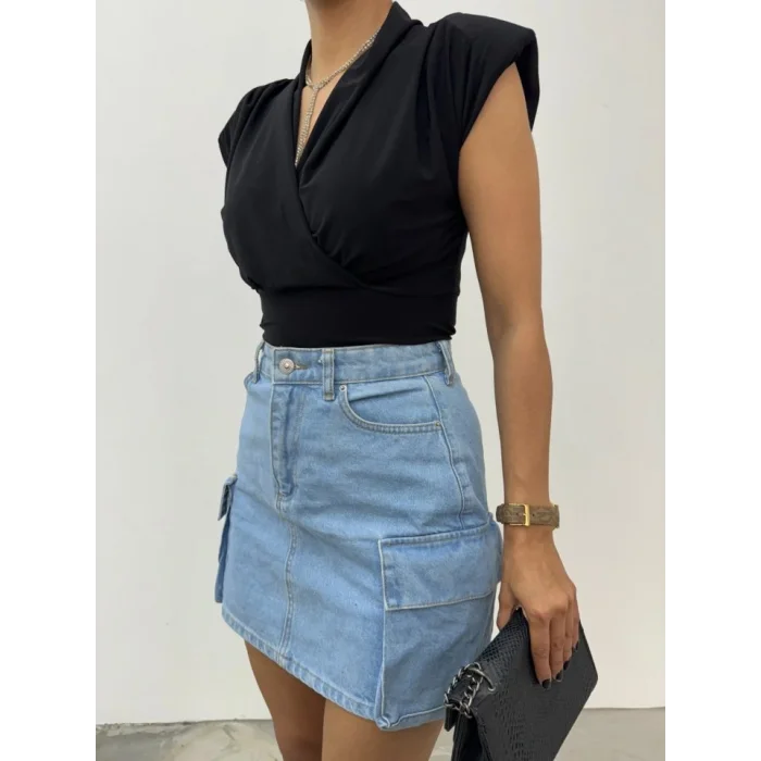 Sıfır Kol Vatkalı Kruvaze Model Sandy Bluz -Siyah