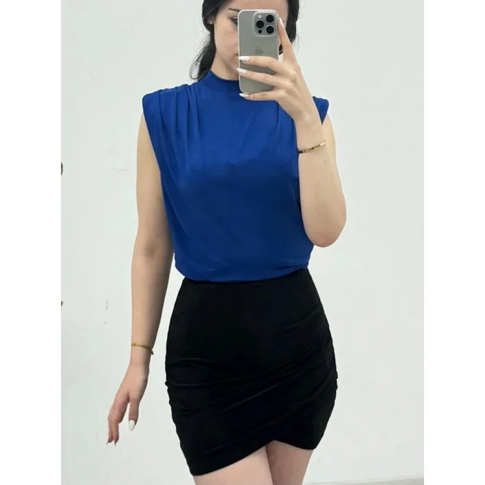 Sıfır Kol Vatkalı Sandy Bluz -Saks