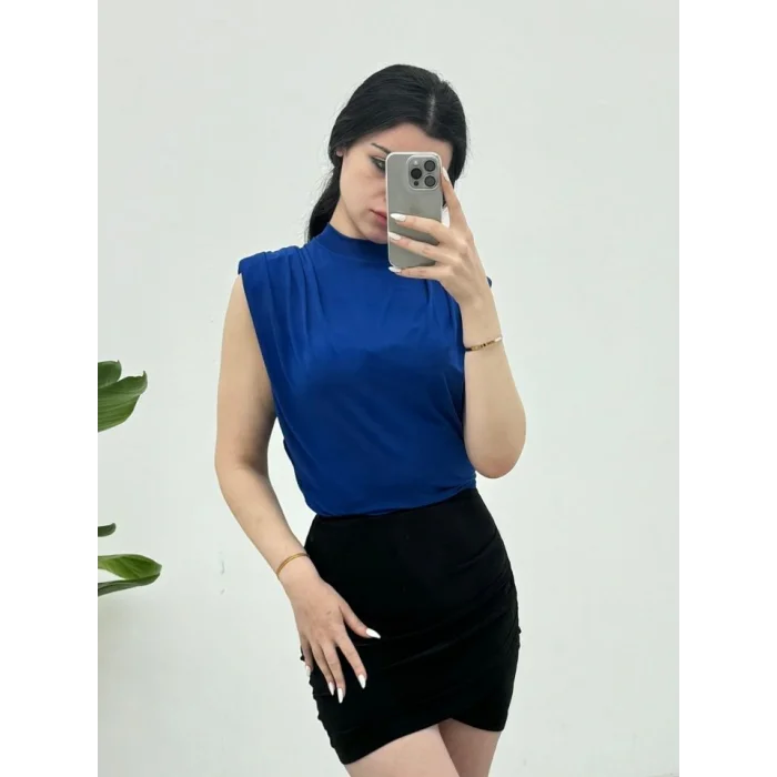 Sıfır Kol Vatkalı Sandy Bluz -Saks