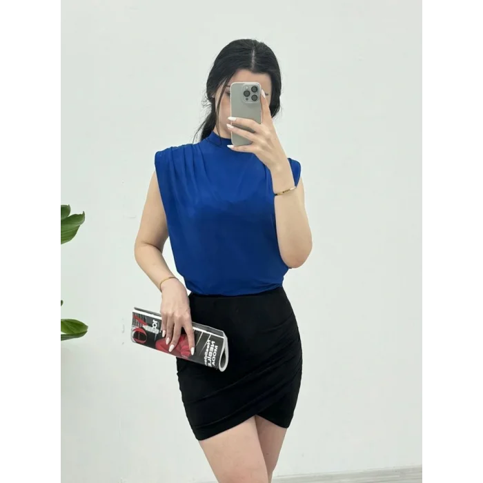 Sıfır Kol Vatkalı Sandy Bluz -Saks